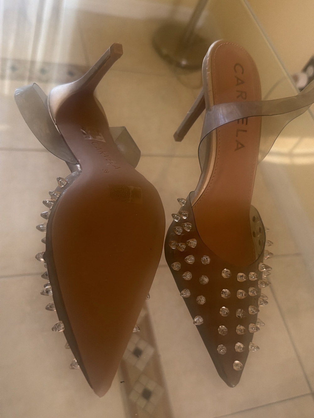 Carvela Taupe Pointed Crystal-Embellished Slingback Heels